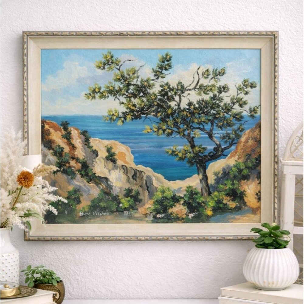 Vintage Coastal Landscape Painting By Alma Ritchie In Ornate Frame‎ 16x12 Inches